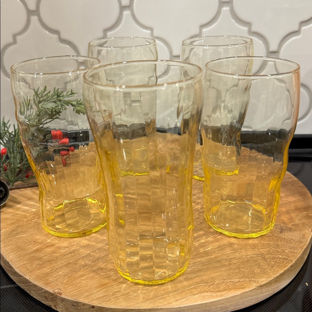 Depression Glass Optic Topaz Yellow Flat Tumblers Set off 5 Water IceTea